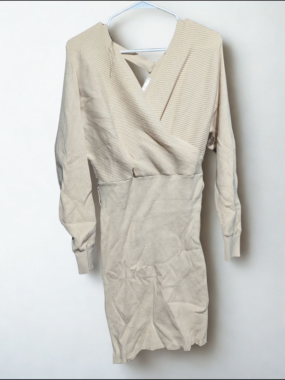 ktk Beige Ribbed Wrap-Front Long Sleeve Dress